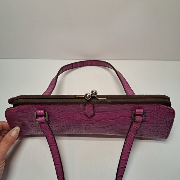 Chinese Laundry Clutch 2 Handle Hot Pink Faux Croc Green Lining Kiss Lock - Picture 10 of 12